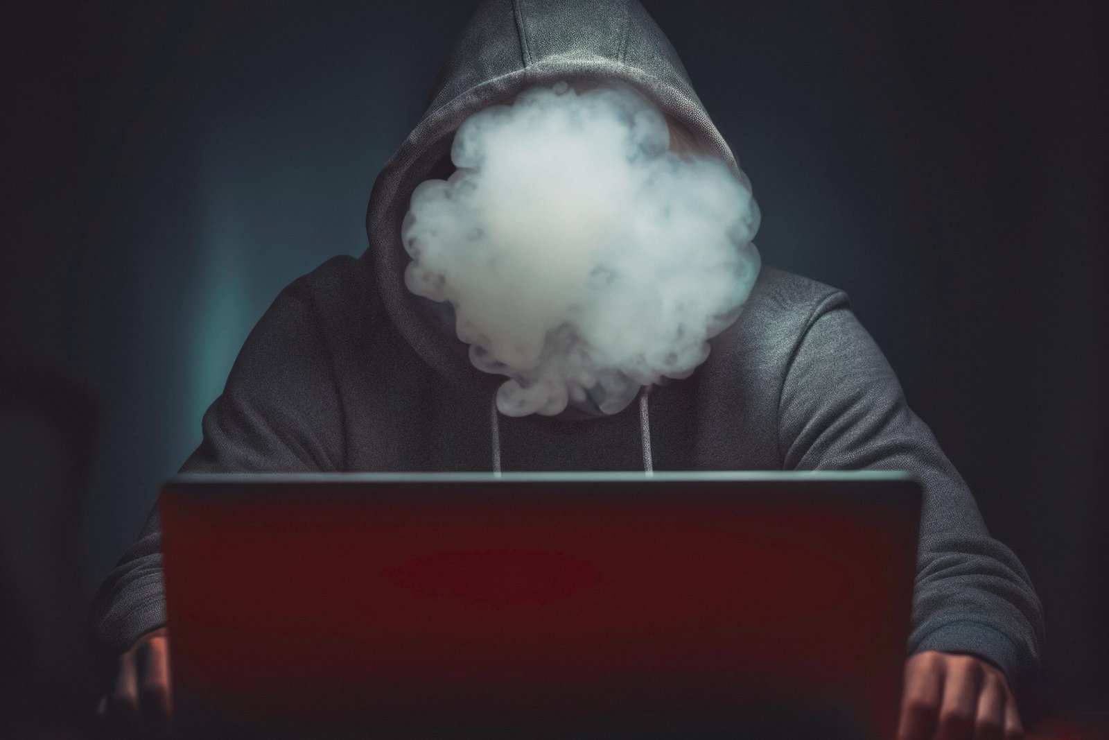 Face covered with smoke. Anonymous man using computer to break security. Cyber security threat. Internet and network security. Stealing private information. Person using technology to steal password and private data. Cyber attack